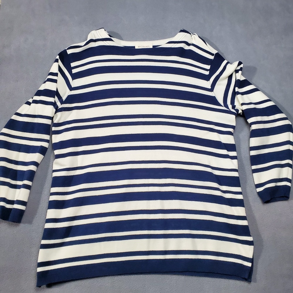 Bechamel Sweater Womens L Blue Excellent Striped Long Sleeve Side Slit Pullover